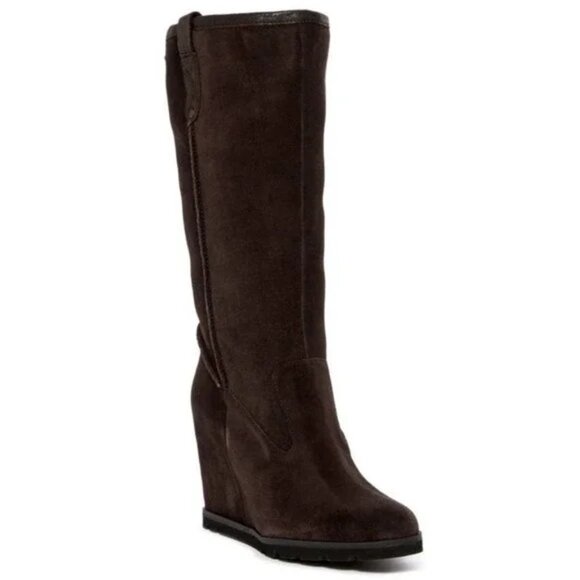 Ugg Chocolate Brown Soleil Shearling Tall Wedge Suede Boots 9 - Picture 1 of 12